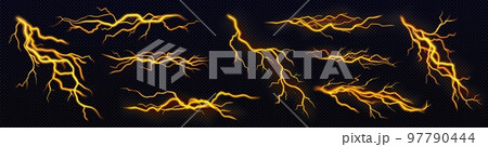 Set yellow lightning, electric thunderbolt strike 97790444
