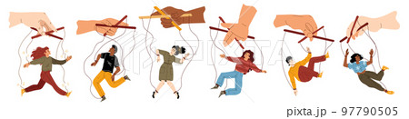 Set of people hang on ropes. Puppeteer and puppets Set of people hang on ropes. Puppeteer and puppets 97790505