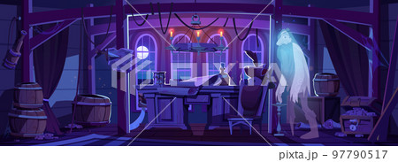 Ghost of pirate in ship cabin at night 97790517