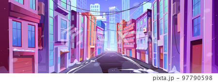 Winter city street with road at day time Winter city street with road at day time 97790598