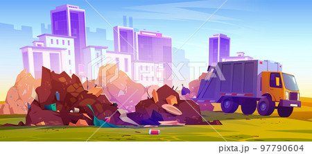 Garbage truck dumping rubbish at cityscape view 97790604