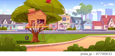 Tree house or hut at suburban street with cottages 97790632