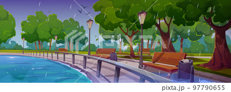 Quay in city park at rain landscape with river bay 97790655