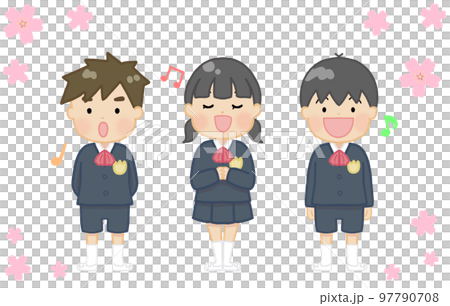 Children singing in chorus at the graduation ceremony (cherry blossom background) 97790708