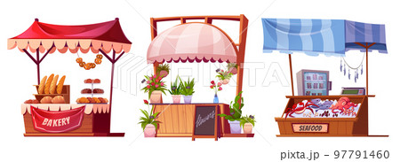 Market stalls with flowers, bakery and seafood 97791460