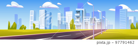 Highway, empty road to city with skyscrapers 97791462