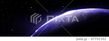 Planet with blue light on horizon in black cosmos Planet with blue light on horizon in black cosmos 97791502