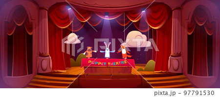 Puppet theater on stage, funny dolls perform show Puppet theater on stage, funny dolls perform show 97791530
