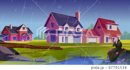 Rainy weather in countryside, cartoon vector 97791538