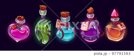 Cartoon set of magic potion bottles on black 97791563
