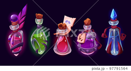 Witches elixirs, magic potions in glass bottles 97791564