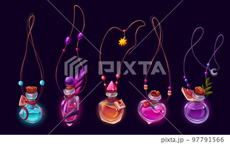 Magic pendants with elixirs and potions in bottles 97791566