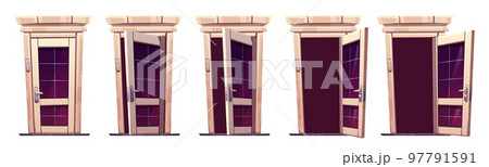 Set of open and closed classic wooden front doors 97791591