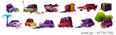 Road accident isolated set, broken cars, insurance 97791740