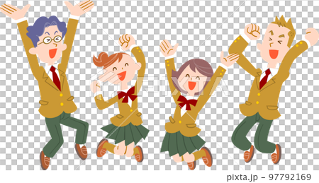 喜んでジャンプするベージュの制服の男女の学生 97792169
