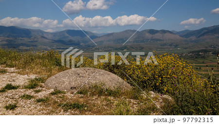 Landscape with the military bunkers near Lekuresi Castle, Saranda, Albania 97792315