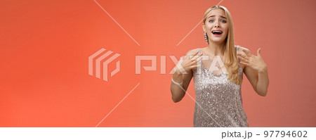 Astonished excited nervous young attractive blond woman freak out panic happily react awesome super star singer attend afterparty concert melting touched see favotire actor, standing amused Astonished excited nervous young attractive blond woman freak out panic happily react awesome super star singer attend afterparty concert melting touched see favotire actor, standing amused 97794602