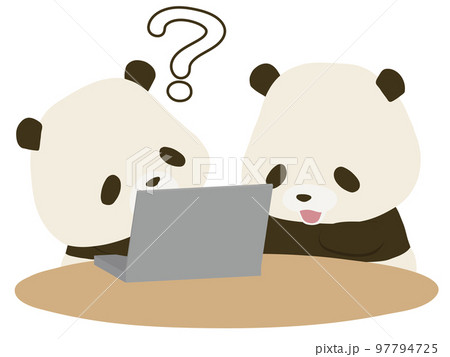 PCを前に首をかしげるパンダと笑顔で教えるパンダ 97794725