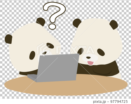 PCを前に首をかしげるパンダと笑顔で教えるパンダ 97794725