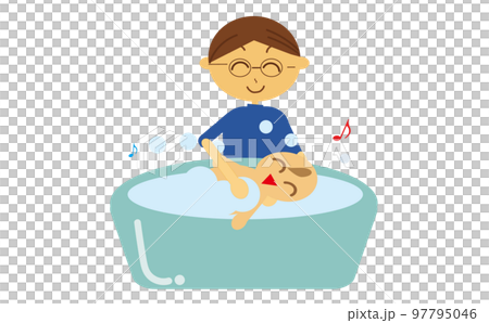 Illustration of a father bathing a newborn baby 97795046