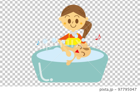 Illustration of a woman bathing a newborn baby in a baby bath, mother, parent and child, washing, parenting, childcare 97795047