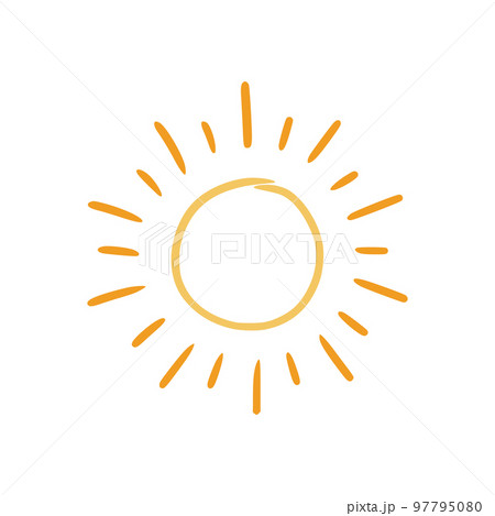 Doodle sun sketch illustration. Hand drawn cute orange sunshine. Scribble doodle children drawn style. Vector 97795080