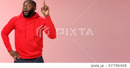 Man got excellent idea standing excited widen eyes inhale air perform speech raising proudly index finger eureka gesture have solution great plan standing pink background express thought 97796408