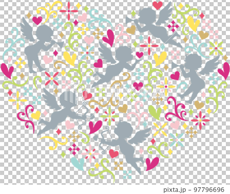 Illustration of an angel, flowers and a heart pattern Illustration of an angel, flowers and a heart pattern 97796696