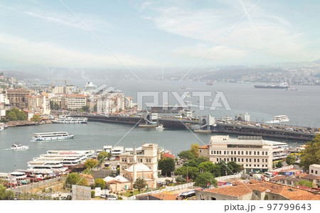 Aerial view of Golden Horn, with Galata Bridge, Karakoy Ferry Terminal, and Bosphorus bridge, Istanbul, Turkey 97799643