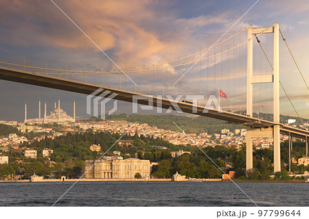 Sunset aerial shot of Istanbul city overlooking Bosphorus strait, with Bosphorus Bridge, Istanbul, Turkey Sunset aerial shot of Istanbul city overlooking Bosphorus strait, with Bosphorus Bridge, Istanbul, Turkey 97799644