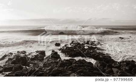 Ocean Waves Spray Rocky Coastline Sepia Tone 97799660