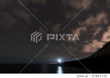 Lighthouse and the ocean at night with clouds 97801142