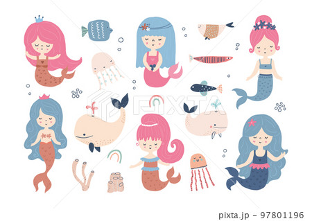 Mermaid character, fish and whales. Sea. Childrens design. Scandinavian style 97801196