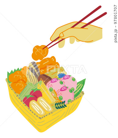 彩り鮮やかなお花見弁当　イラスト素材	 97801707