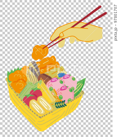 彩り鮮やかなお花見弁当　イラスト素材	 97801707