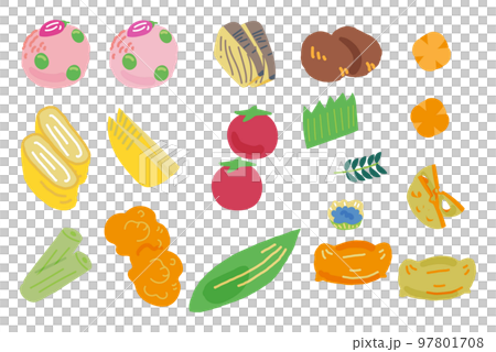 彩り鮮やかなお花見弁当の具材　セット　イラスト素材 97801708