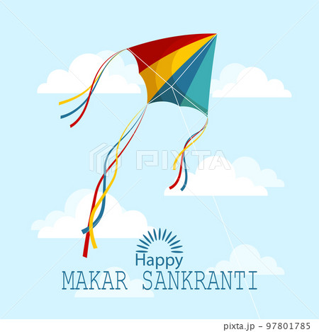 Happy Makar Sankranti, colorful kite in the sky with clouds. Hindu holiday card, vector 97801785