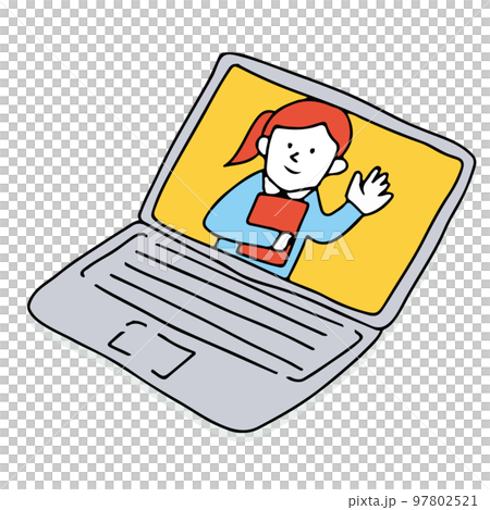 A girl waving her hand on the laptop screen Illustration of remote work and web conferencing 97802521
