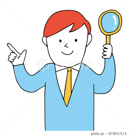 虫眼鏡を持ってポイントを教える人のイラスト 虫眼鏡を持ってポイントを教える人のイラスト 97802523
