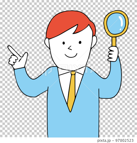 虫眼鏡を持ってポイントを教える人のイラスト 虫眼鏡を持ってポイントを教える人のイラスト 97802523