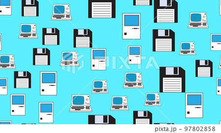 Seamless pattern endless computer with old retro computers, pc and vintage white hipster floppy disks from 70s, 80s, 90s isolated on blue background. Vector illustration Seamless pattern endless computer with old retro computers, pc and vintage white hipster floppy disks from 70s, 80s, 90s isolated on blue background. Vector illustration 97802858