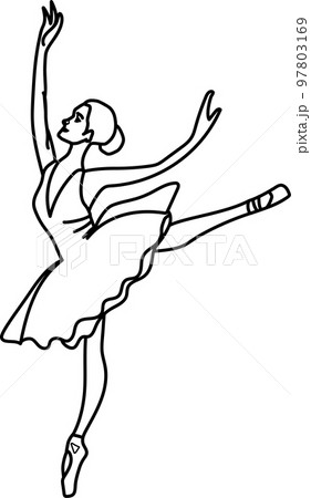 Watercolor dancing ballerina black lines. Isolated dancing ballerina. Hand drawn classic ballet performance, pose. Young  pretty ballerina women  illustration. Can be used for postcard and posters.  97803169