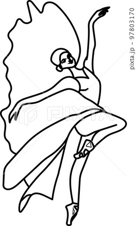 Watercolor dancing ballerina black lines. Isolated dancing ballerina. Hand drawn classic ballet performance, pose. Young  pretty ballerina women  illustration. Can be used for postcard and posters.  97803170