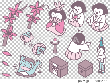 Hinamatsuri image: hina dolls, emperors, three court ladies, peach blossoms, sakuramochi 97803436