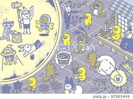 お月見　9月のイメージ　ヒヨコ　タヌキ　兎　月見団子 97803449