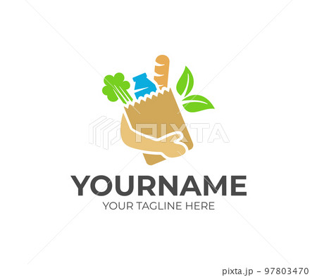 Arm holds a grocery paper bag with salad plant, dairy product, bread and leaves, logo design. Organic, natural and eco food, meal store or market, vector design and illustration 97803470
