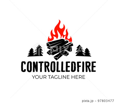 Bonfire and fire with firewood and logs, forest with fir trees, logo design. Camping, hike, active rest and relaxation outdoors, vector design and illustration 97803477