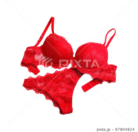Elegant red women's underwear isolated on white, top view Elegant red women's underwear isolated on white, top view 97804824
