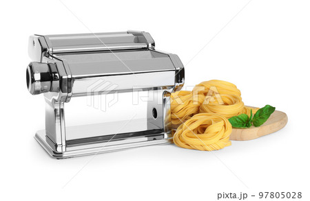 Modern pasta maker machine and tagliatelle isolated on white 97805028