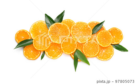 Composition with slices of fresh ripe tangerines and leaves on white background, top view. Citrus fruit 97805073